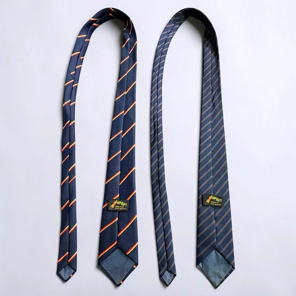 Rocket Mens Silk Tie Lot 2 Navy Blue Orange Gold Diagonal Striped Regimental